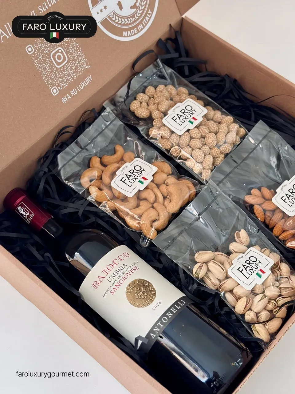 PACK DE REGALO ITALIANO - VINO TINTO BAIOCCO SANGIOVESE ANTONELLI Y FRUTOS SECOS